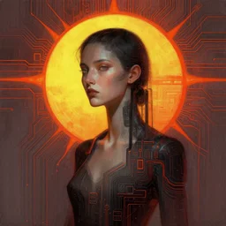 a ascendant, digital painting of a woman with notan sun in the background by android jones, cgsociety, analytical art, dystopian art, redshift, circuitry
