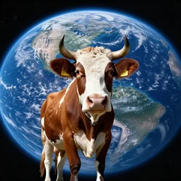 wide angle view, colored photo of a cow wearing circle crown in space, earth in the background, photorealistic, nikon z 1 4 - 2 4 f 2. 8 s, digital art, 8 k