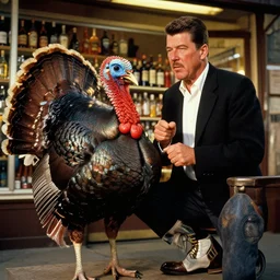 Ronald Reagan fighting a giant turkey in front of a liquor store, cinematic lighting,