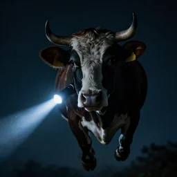 closeup, a cow flying at night, flashlight, creepy, cinematic dramatic atmosphere, smooth, sharp focus, cinematic shot, movie scene, horror movie