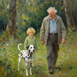 granddad and blond curly young grandson walking in french forest with a dalmatian dog with black spots oil painting