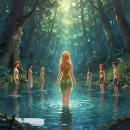 forest nymph rising from the water. view from behind, wide angle view, back view. nuri iyem, james gurney, james jean, greg rutkowski, anato finnstark, davinci, emma watson, gigachad. trending on artstation, starlight, and enchanted dreams. instagram, instagram photo shoot, trending on pinterest