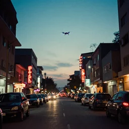 a neon lit - african urban street with flying drones, cinestill 8 0 0 t photograph,