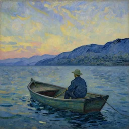 man on a boat in the sea, moutains in the background, at dawn, van gogh painting