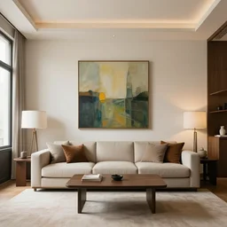 a relaxing room in the city with a big sofa and painting on the wall, high quality, 8 k, architecture, symmetrical, harmonious comp