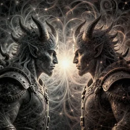 the army of darkness and devils, fantasy character portrait made of fractals facing each other, ultra realistic, wide angle, intricate details, the fifth element artifacts, highly detailed by peter mohrbacher, hajime sorayama, wayne barlowe, boris vallejo, aaron horkey, gaston bussiere, craig mullins