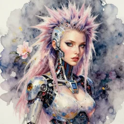 watercolor portrait of beautiful cyborg woman with long punk hair in cyborg clothes,, romantisism, outrun, pastel flowers, painting, dramatic, detailed, by android jones