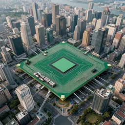 a city on a computer chip, drone shot, micro picture