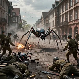 spider robots terrorise streets of weimar germany and attack freikorps soldiers and civilians, intense heavy street battle, bullet hell, pile of bodies, art by greg rutkowski and jakub rozalski