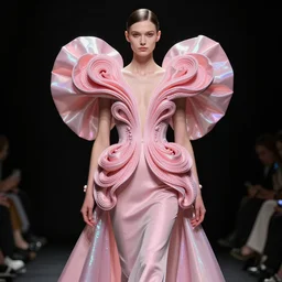 kirill maksimchuk wearable pink iridescent 3 d sculpture haute couture, editorial award, intricate avant design, stylized volume fabric realism, high details, 8 k, octane, unreal engine, trending