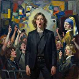 beautiful realistic standing portrait painting of excited crowd at indie rock concert in front of an abstract expressionist painting, painted by dana schutz and elaine de kooning and vermeer, intense metallic colors palette cinematic lighting dark shadows formal composition, impasto oil painting spectacular detail trending on artstation 8 k