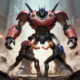 a big menacing robot fighting a human