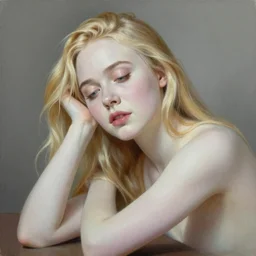 Painting of Elle Fanning dreaming, long blonde hair, delicate, pale milky white porcelain skin, by Quint Buchholz. 8K. Extremely detailed.