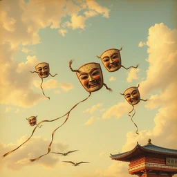 wind kites in the form of noh masks in the sky, peaceful, joy, copper plate, realism, gustave dore, outline