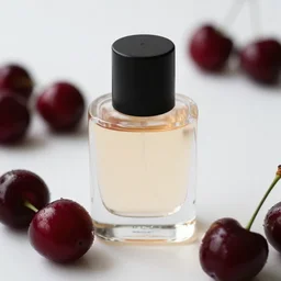 perfume bottle and artistic dark red cherries, softly - lit, realistic, up close shot, white background, zen, light, modern minimalist f 2 0