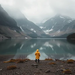 super epic realistic nature mountains and lake walley liminal photo trending on instagram with lonely person in yellow raincoat standing at a distance