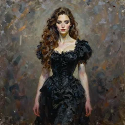 a painting of morgana, black dress, a character oil on canvas portrait by gerald brom and greg rutkowski, masterpiece, fantasy art, artstation hq