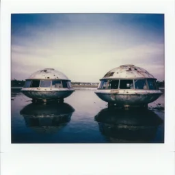 Abandoned futuristic 70s dome houses floating in the water, two point perspective, photograph, polaroid, dilapidated look, Grainy, expired film, 70mm lens