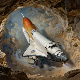 ancient cave painting depicting a space shuttle, detailed drawing, cinematic composition, smooth, realistic