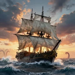 pirate sloop, heavy winds, huge waves, kraken tentacles, sunset, dramatic lighting, digital art, by ricardo robles