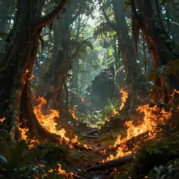 dystopian burning jungle, paradies ruined, digital art