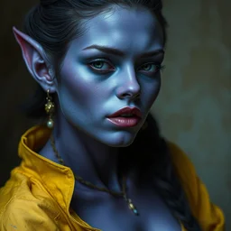 a shy purple skin cute tiefling woman, blue skin, yellow blouse, beautiful portrait by bastien lecouffe deharme and christophe young