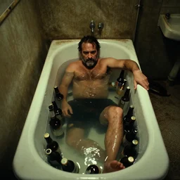 the upper wide shot of the old dirty bathroom, drunk bearded joaquin phoenix lying in bath, a lot of empty beer bottles in the water, still shot from the movie of stanley kubrick with cinematography of christopher doyle, dark old room, anamorphic, kodak film, sharp focus, realistic, ultra wide 1 2 mm lens, 8 k