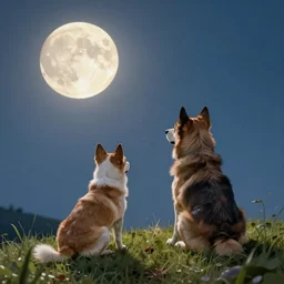 back view of dogs watching the moon sitting on the hill, hyperdetailed, artstation, cgsociety, 8 k