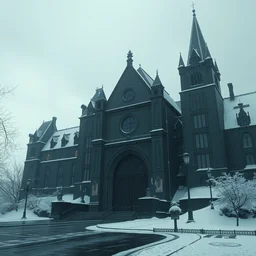 the university of magic, campus of black building with a magnificent gate, digital art, cinematic, scenic view, overcast snowing, matte painting by gerg rutkowski and emmanuel shiu, trending on artstation, 4 k