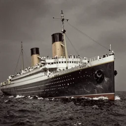 rare photograph of the titanic sinking into the water, edwardian photo, historic, shot from afar, very grainy, blurry, damaged, dramatic, tragic, night - time, 1 9 0 0, 1 9 1 0 s