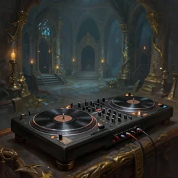 fantasy painting of a dj set with turntable in a fantasy dungeon in the style of word of warcraft,