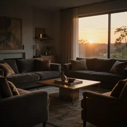 soft focus cinematic still of dark dreamy golden sunset lighting in a tastefully decorated living room with dark luxurious furnishings, and a mix of antique and modern furniture, and a mix of concrete and wood finishes
