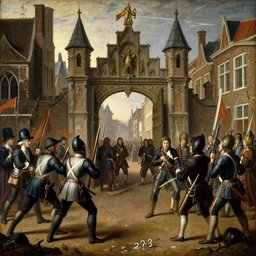 dutch soldiers from the 1 4 0 0's fighting witches at the gates of leiden, paiting