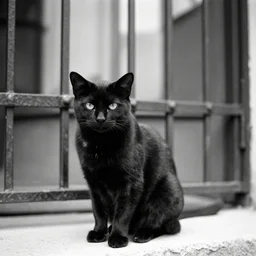 A vintage black and white photo of a black cat sat in front of an iron gate