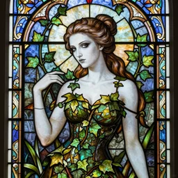 a stunningly detailed stained glass window of a beautiful alison hannigan dressed as poison ivy with white skin and with hair pulled up in a ponytail, dark eyeliner, intricate, elegant, highly detailed, digital painting, artstation, concept art, sharp focus, illustration, art by greg rutkowski and alphonse mucha