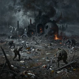oil painting of 1 9 8 8 battle - panorama blasted landscape dystopia glass fang yeasts garbage, by simon bisley & boris vallejo, hyper realism, black light, atomic, creepy, cinematical