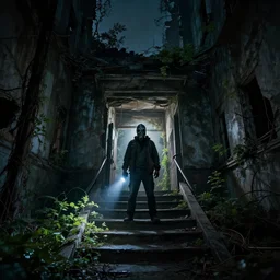 A misterious man wearing a gas mask is standing on the midle of a stair hallway looking in the direction of the camera, the man is using a turned on flashlight to look for survivors :: Ruined city with vegetation and trees growing all over the place in the distroyed buildings :: apocalyptic, shadowy, disolate :: A long shot, low angle, dramatic backlighting, simetric photography, night time, slighty colorful :: cinematic shot, very detailed