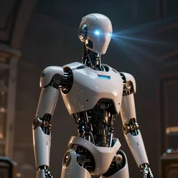robot that looks like a mannequin with glowing laser eyes heating up