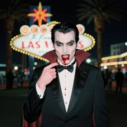 35mm film portrait of a vampire in Las Vegas at night, blood, f1.4, behance, trending on instagram