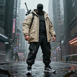 A broad shouldered, muscular man wearing Acronym p-31 Ds pants and beige-earth Parka jacket and Nike Acronym presto sneakers, AWP sniper rifle slinging on back trending on r/techwearclothing, high quality, digital art, dirty cyberpunk city, rain, greg rutkowski