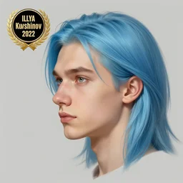 profile shot of ilya kuvshinov with long hair, sky blue hair, hazel eyes, boyish face, professional digital painting, concept art, award - winning photography, cinematic, tarot card, awe, regal, wlop, holy, spiritual, art by andy warhol, pixiv art, yoshitaka amano