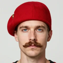 Clean Shaven Caucasian European Man with blue eyes and brown curly mustache wearing a red musketeer hat with a single feather on it. D&D Character Head and Shoulders Portrait. EPIC RPG Digital Artwork. 4K. Detailed Drawing. MtG Artwork. Trending on Artstation.