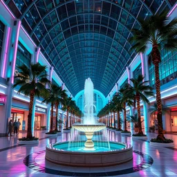 vaporwave mall with palm trees and a fountain and tall glass ceilings at night