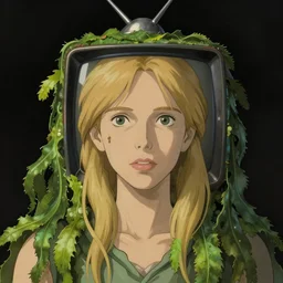 woman blond portrait tv on head, seaweed on head, art by studio ghibli and greg rutkowski and artgerm and ilya kuvshinov, portrait, d & d, fantasy, highly detailed, digital painting, headshot, trending on artstation, concept art, sharp focus, illustration art by artgerm and greg rutkowski and alphonse mucha