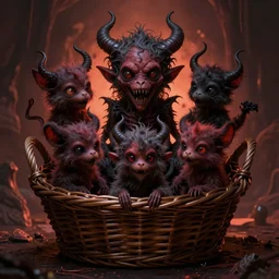 chaotic evil satanic adorable little fuzzy critters in a basket in hell, highly detailed, artstation, intricate, smooth, sharp focus, dark, horror, illustration, art by greg rutkowski, good clear quality, dynamic lighting, warm lighting, symmetrical artwork, cinematic, hyper realism, high detail, octane