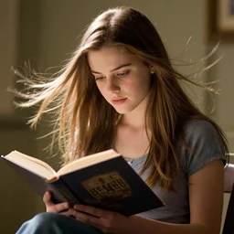 VFX movie of a girl reading book, hair flowing down, by Michael Bay
