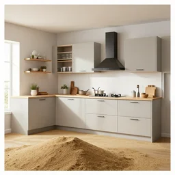 IKEA catalogue photo, high end farm house style kitchen, sand piled in corners, dust, organic, vines, overgrown, tropical, by Dali