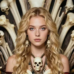 editorial photo of girl on bones throne, blonde, curly hair, clean big eyes, symmetrical beautiful face, clean skin, skull jewelry, native costume and accessories,, fashion editorial photography, hyperrealistic, from vogue magazine, ultra realistic, artgerm, reflections, gold intricate, 5 0 mm lens, icm