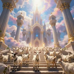 a herd of goats! on stairs in a beautiful fantasy cathedral, epic, grandiose, many goats, magic, greek columns, tall towers, gorgeous clouds, colorful, sunrays, digital painting, landscape, octane render, unreal engine, high detail, very realistic, by katsuya terada