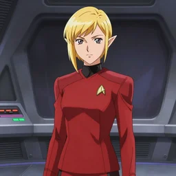anime of young attractive high-fantasy elf (blond) in a red Starfleet uniform in Star Trek, scene where she is on Deep Space Nine, sharp, in the style of Ghost in the Shell